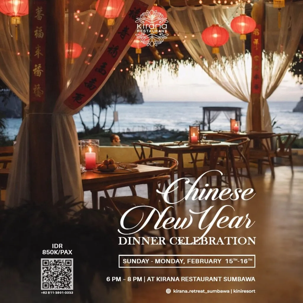 Chinese New Year Sumbawa beachfront dinner at Kirana Restaurant with lanterns and ocean view
